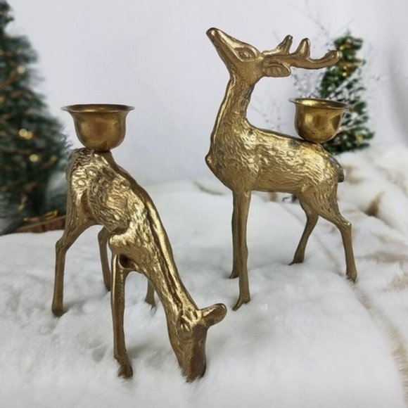 Vintage Brass Deer Candle Holders Winter Holiday